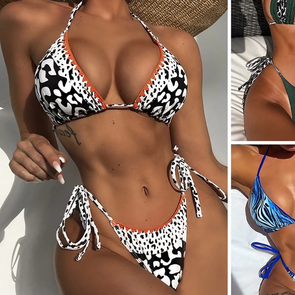Black and White Animal Print Bikini with Orange Accents
